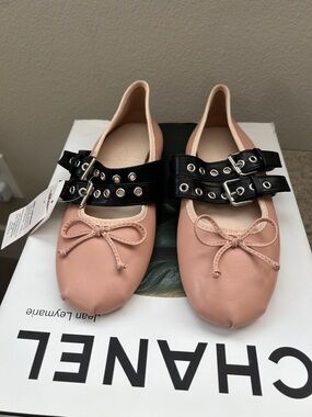 Pink Leather Ballet Flats with Double Black Buckle Straps